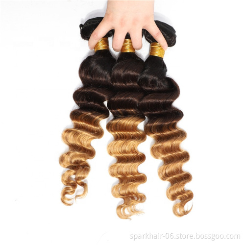 3 Bundles SPARK Ombre Brazilian Human Hair Weaving for Black Women 1B/4/27 Virgin Remy Hair Extension Honey Blonde Deep Wave